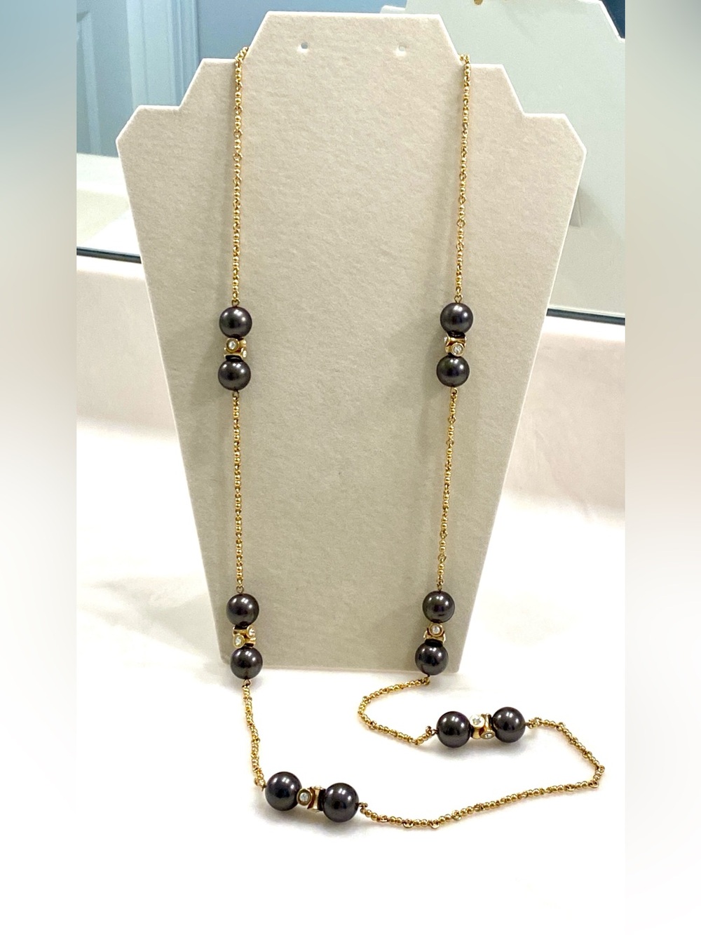 J. Crew Gold Chain Necklace with Dark Gray Pearls and Crystal Spacers